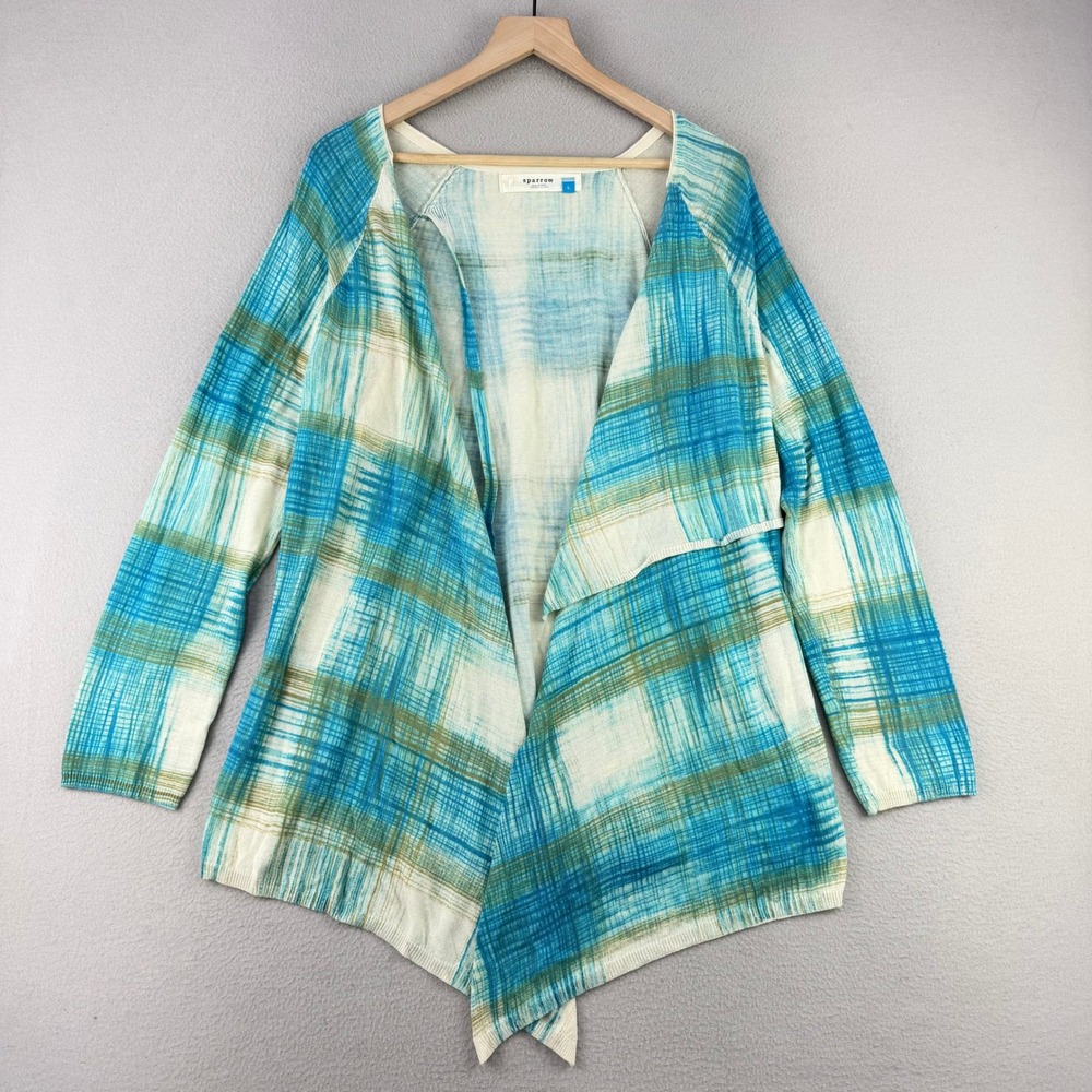 Sparrow Anthropologie Plaid Cardigan Women L Blue Open Front Lightweight